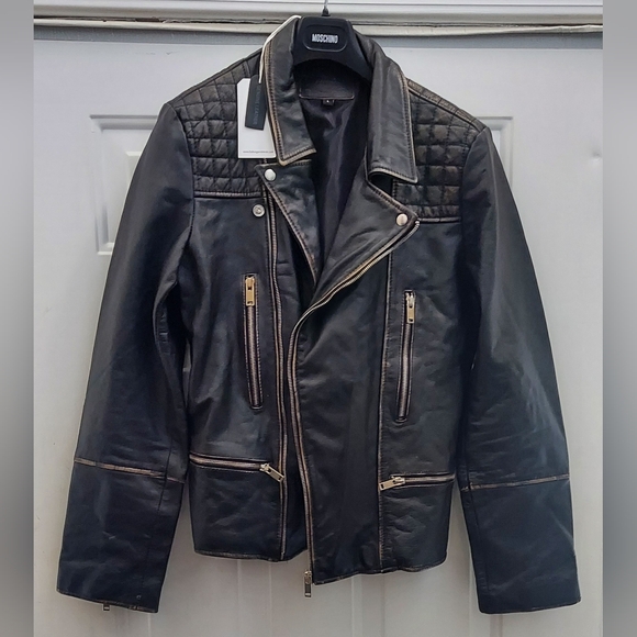 BOLONGARO TREVOR MEN'S DISTRESSED BLACK SHEEP LEATHER BIKER JACKET